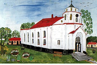 Die Kienitzer Kirche, gemalt von Erna Roder.